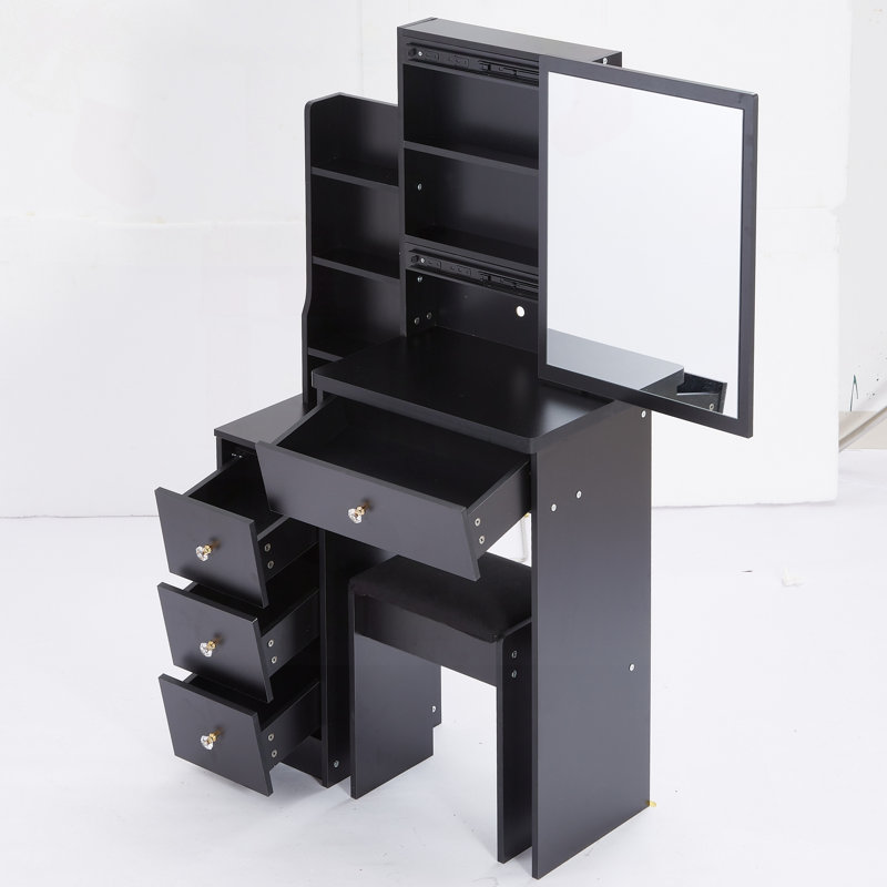 Ensemble de coiffeuse de chevet compact avec très grand miroir coulissant et rangement, Noir