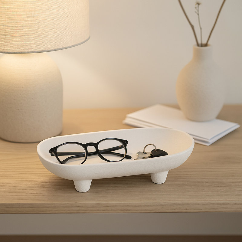 Decorative Bowl Stoneware Ceramic Modern Footed Base Casual Style for Home Office Bedroom Living Room Display or Storage Tabletop Accent Decor Accessory Piece - 4" White