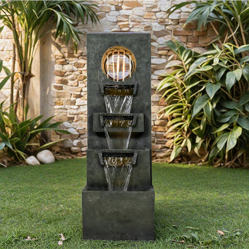39.3" Garden Water Fountain Outdoor – Modern Cascading Resin Waterfall Fountain With LED Light, Mossy Stone Look, Floor-Standing Outdoor Water Feature For Patio, Yard, Deck, Home Décor