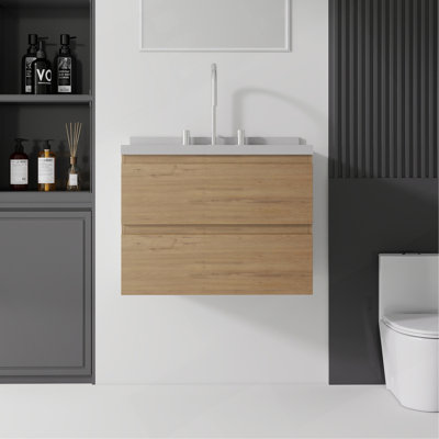 Meuble-lavabo suspendu de 61 cm avec lavabo, porte à fermeture amortie, comptoir et dosseret en marbre synthétique blanc granité de 5 cm, contreplaqué