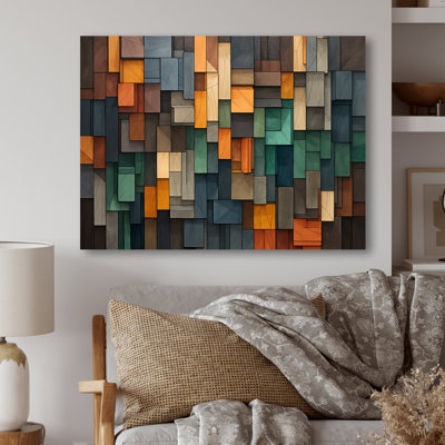 Vert et jaune mosaïque cubes pluie - tuile abstraite, art mural en métal MT136414
