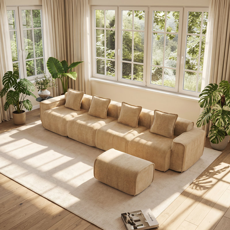 Canapé modulaire en velours à 4 sièges en forme de L de L138,58 po x P 59,84 po x H 31,1 po, Beige