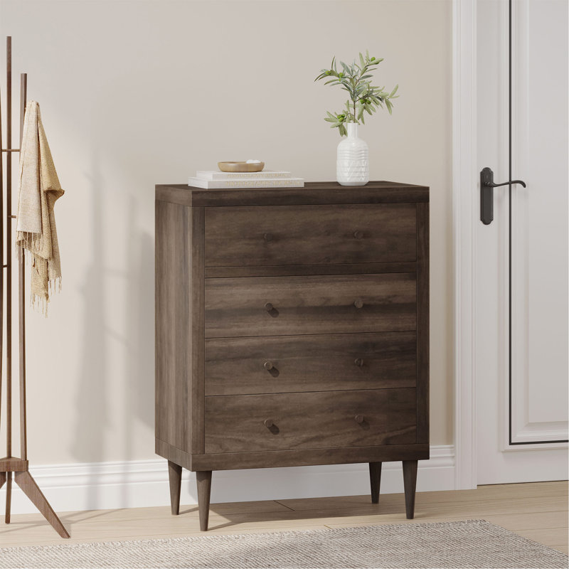 Charmante commode à 4 tiroirs nordique avec construction durable et design élégant, Walnut