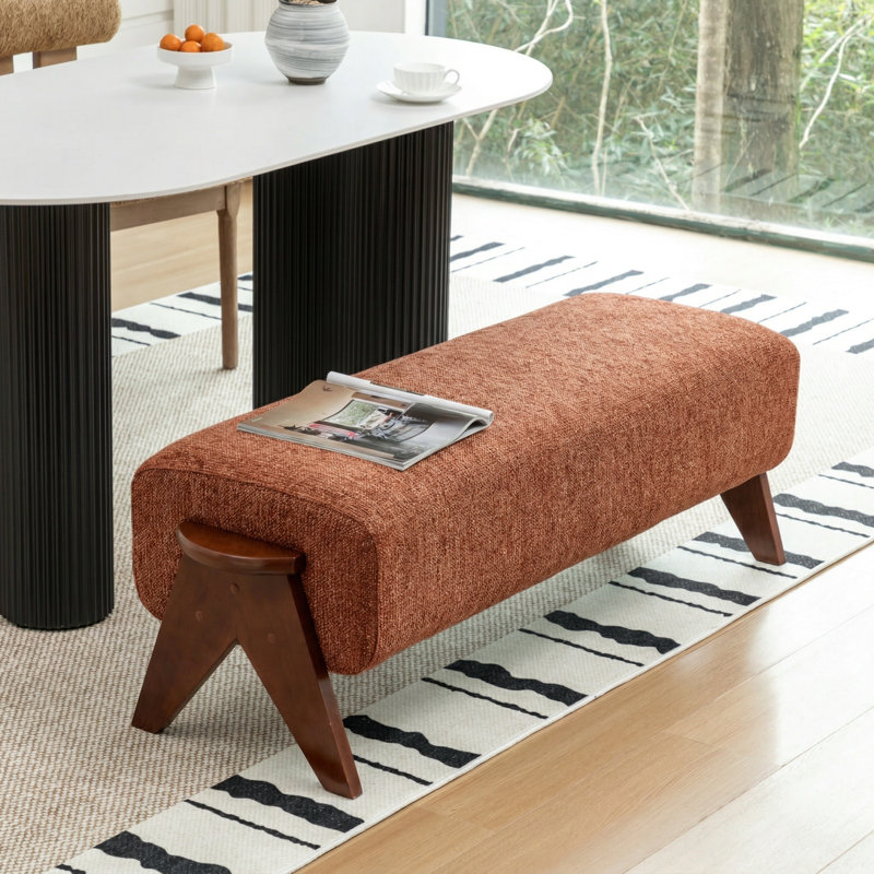 Karsen Upholstered Bench With Solid Wood Leg, Burnt Orange
