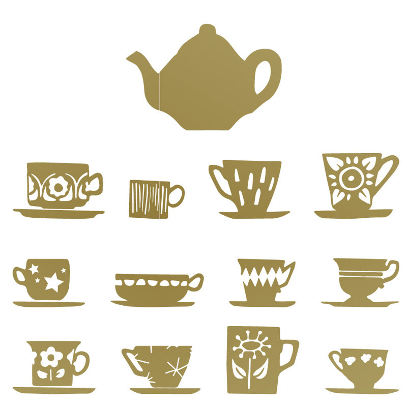 Décalcomanie murale tasses de thé, H 23 po x l 24 po x P 0,01 po, Or