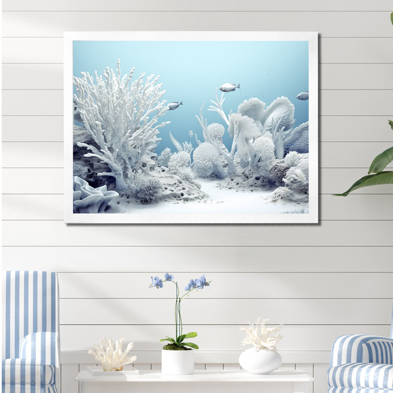 Coastal White Coral Serenity - Coastal Coral Under Water, art mural, 34" H x 44" W x 1.5" D, Cadre blanc