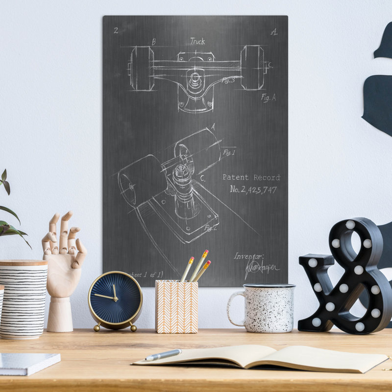 «Skateboard Blueprint 2» par Ethan Harper, art mural en métal, H 16 po x l 12 po