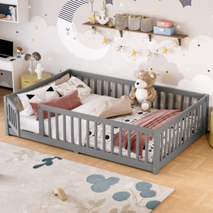 Full Floor Bed for Kids with Safety Rails & Door, Low Profile Pine Wood