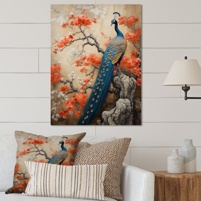 Bleu japonais royal floral paon III - paon animal art mural en métal