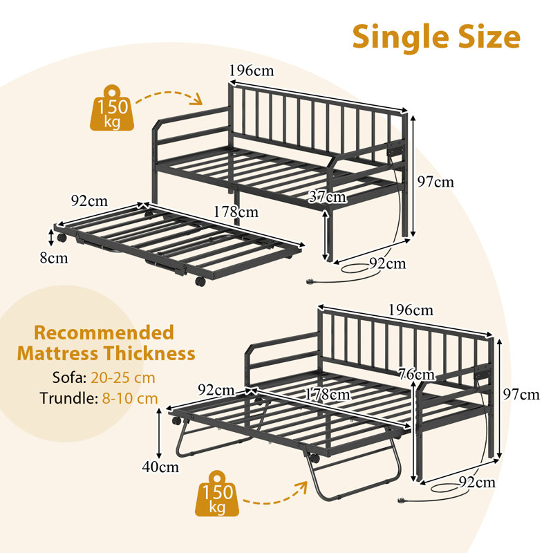 Metal Daybed with Trundle, Black