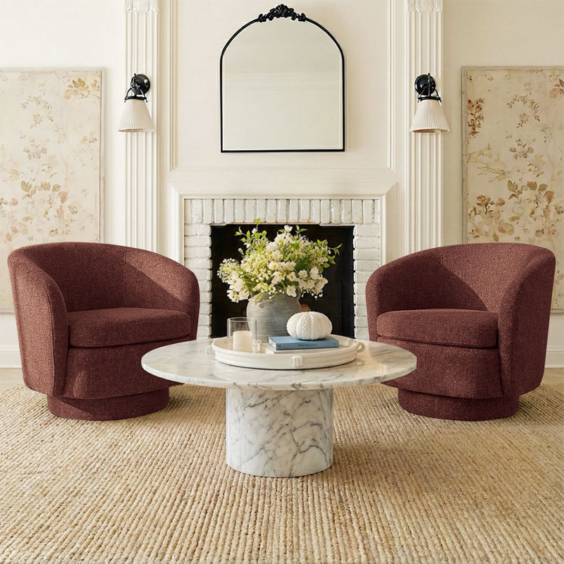 Set Of 2 Modern Tweed Swivel Barrel Accent Chairs, Rust Red Tweed