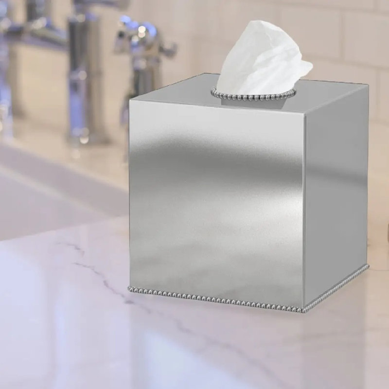 Couvre-boîte à mouchoirs carré en acier inoxydable, porte-papier-mouchoirs en argent poli brillant à bord perlé pour meuble-lavabo, chambre et bureau