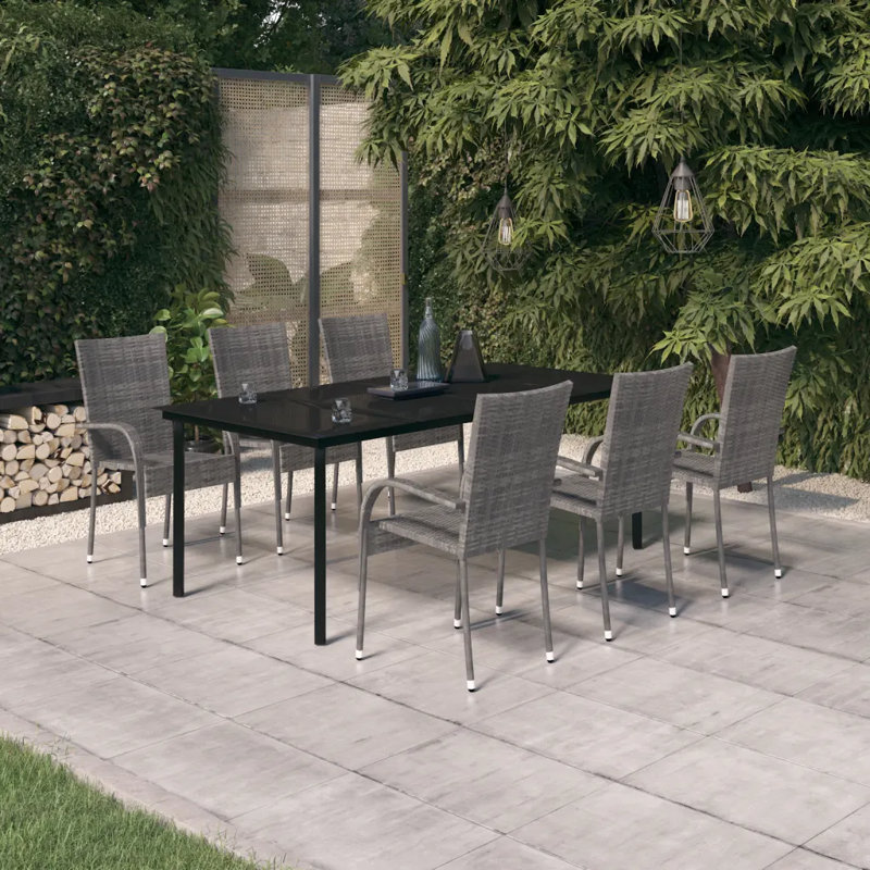 Minooka 6 - Person Wicker Patio Dining Set with Rectangular Table, Grey/Black, 200 cm table length, 6