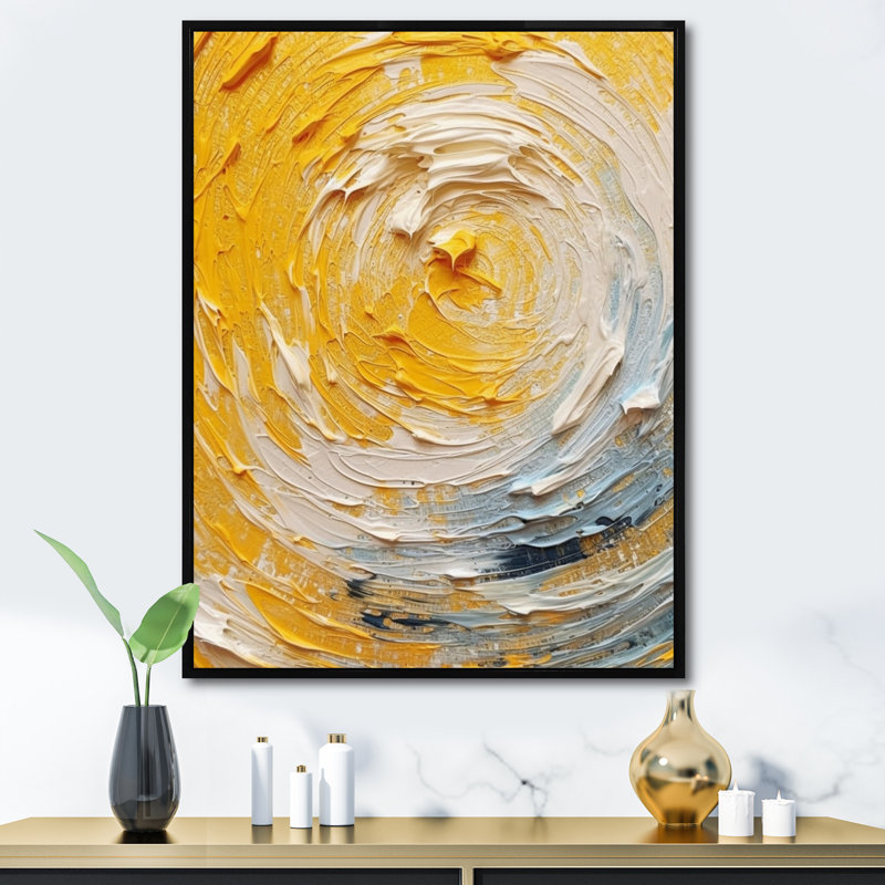 Décoration murale spirale jaune crème - spirales abstraites, Cadre flottant noir, H 20 po x l 12 po x P 1 po