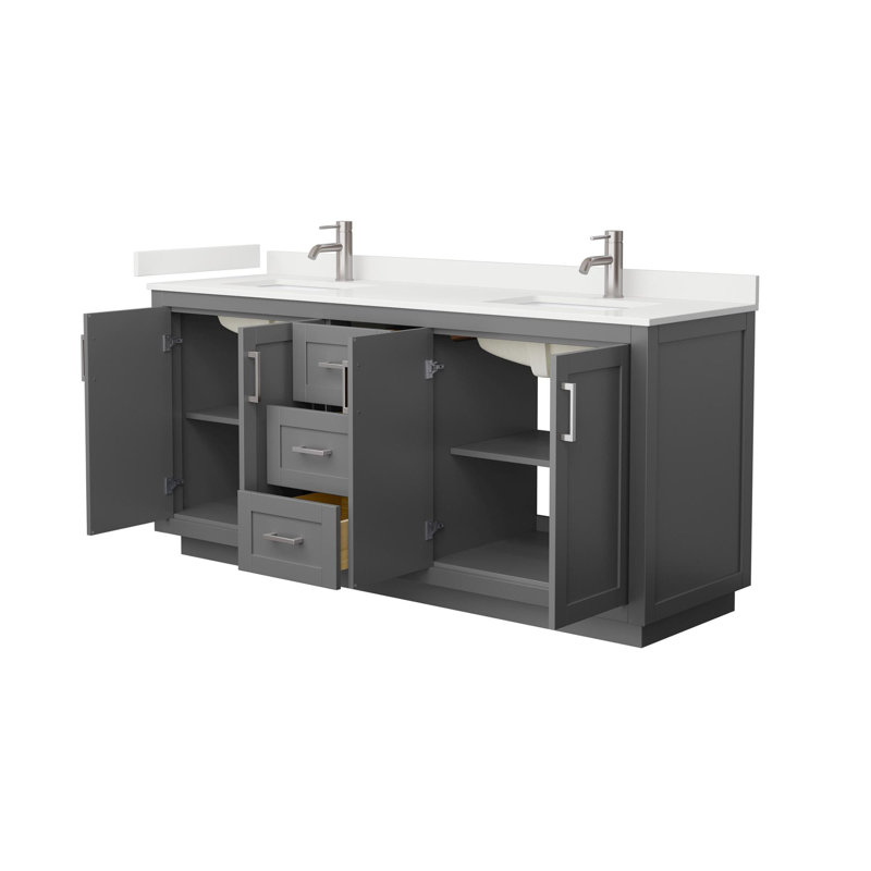 Miranda 72" Freestanding Double Bathroom Vanity with Quartz Top, White Quartz, Dark Gray, Brushed Nickel