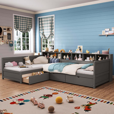 Lit de jour simple en L gris pour 2 personnes, avec 3 tiroirs de rangement, bibliothèque et conception d'angle, convient à la chambre à coucher et au salon