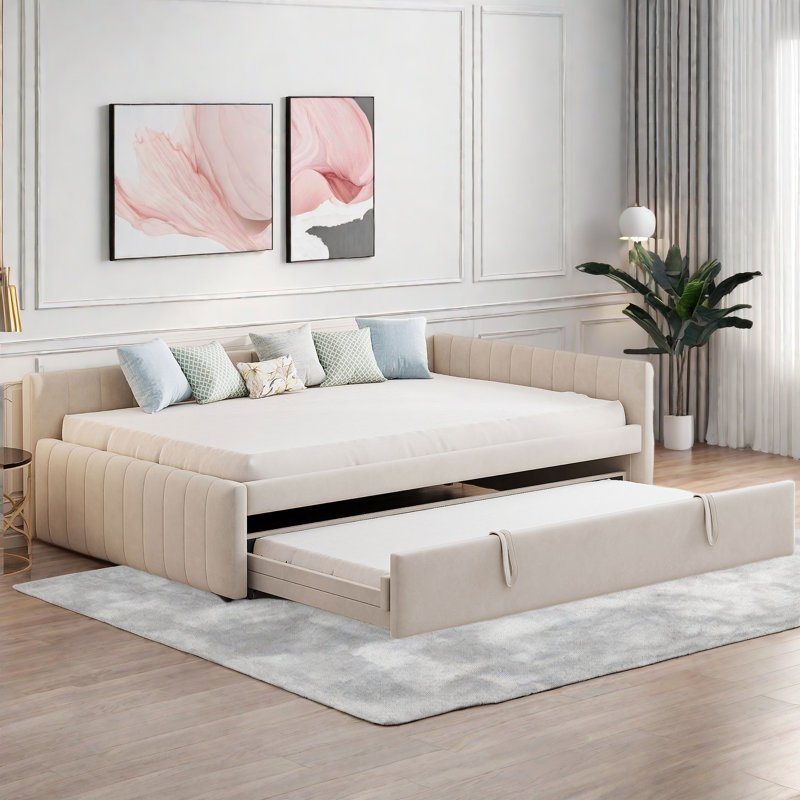 Upholstered L-shaped Daybed With Pop Up Trundle And Vertical Stripe Patterns, Beige
