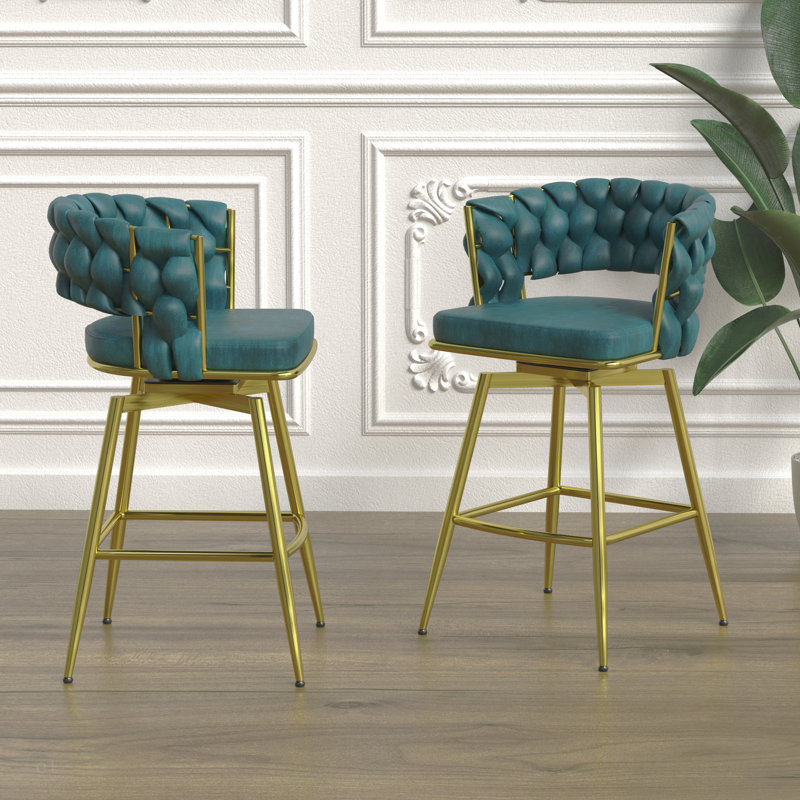 26" Bar Chair Suede Woven Bar Stool Set Of 2,En Legs Barstools No Adjustable Kitchen Island Chairs,360 Swivel Bar Stools Upholstered Bar Chair Counter Stool Arm Chairs With Back Footrest