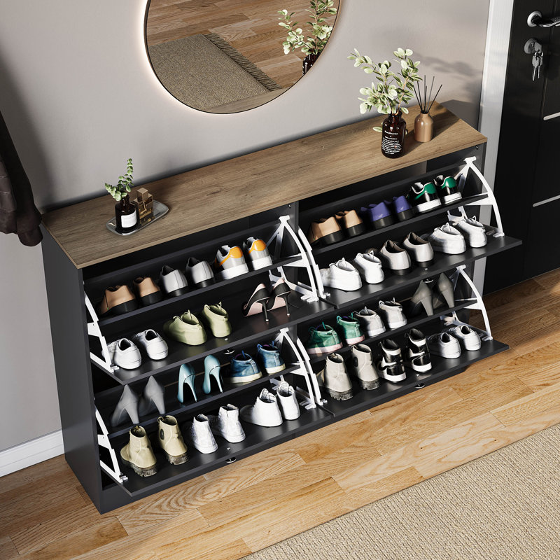 4 Drawer Shoe Cabinet with Oak Top Modern Shoe Storage For Hallway Living Room & Bedroom, Black/Oak