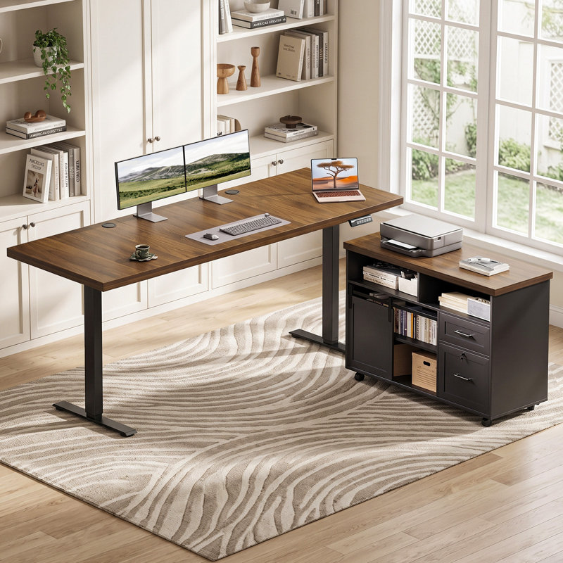 Bureau assis-debout électrique en L Sterling Executive avec caisson mobile, bureau réglable en hauteur avec rangements modulaires et système de gestion des câbles