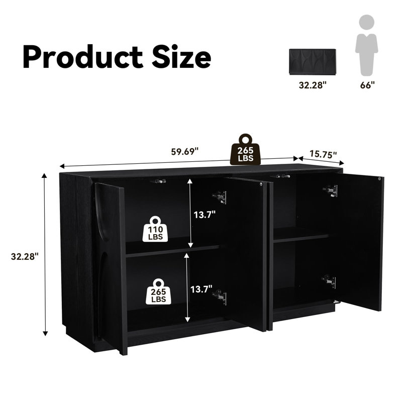 59.69" Modern Sideboard – 2-Inch Classic arched solid wood doors with a retro feel, Black, No