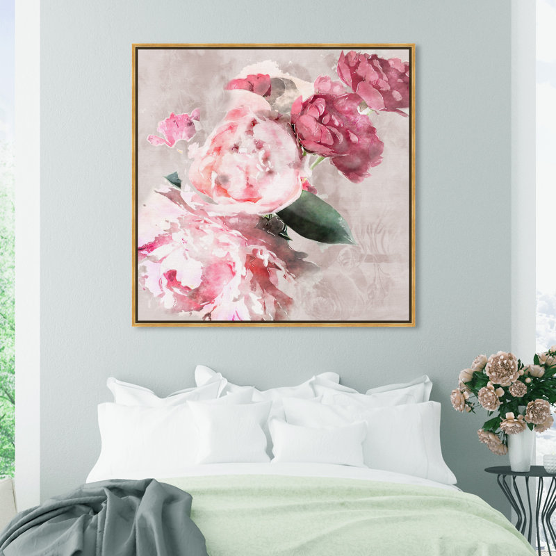 Doux romantique, rose traditionnel - peinture, Cadre flottant doré, H 40 po x l 40 po