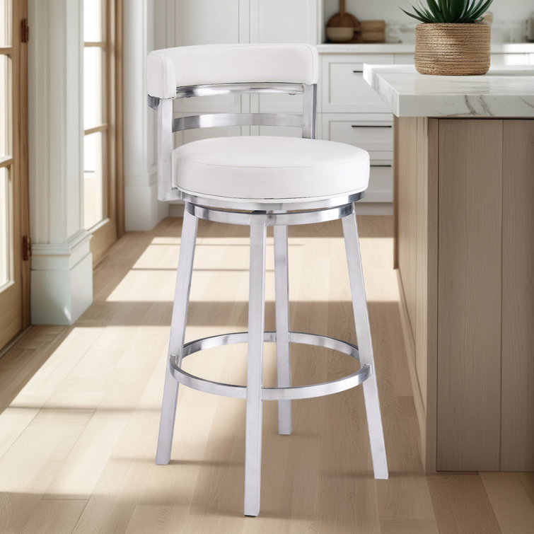 Deherrera Modern Swivel Counter or Bar Stool with Open Low Back and Footrest in Metal and Faux Leather