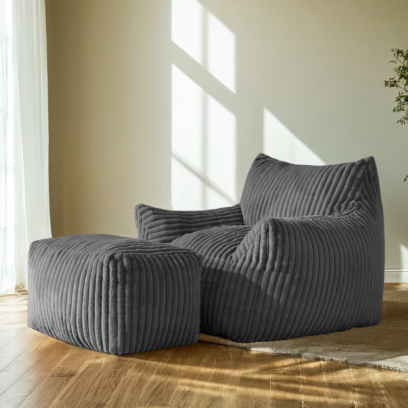 Grand fauteuil à billes en velours côtelé avec repose-pieds en mousse à mémoire de forme, Mélange de polyester gris