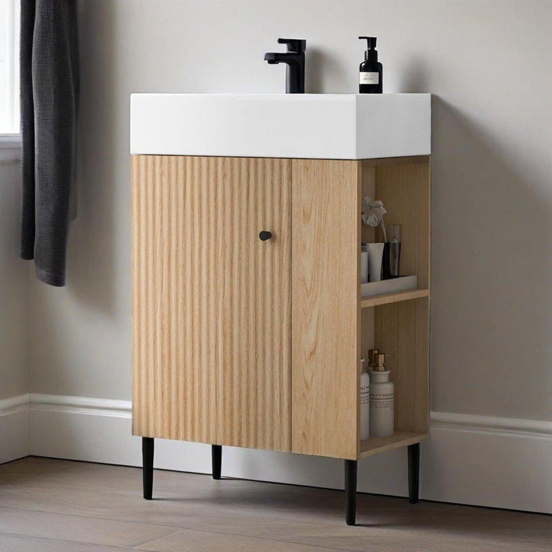 Armoire de rangement 21,6 po, meuble-lavabo en bois, lavabo simple en céramique, rangement à droite 