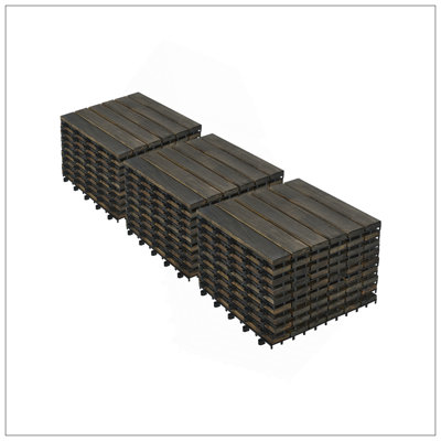 30 tuiles de terrasse emboîtables avec motif rayé, 12 x 12 pouces de bois d'acacia brun foncé pour les planchers extérieurs et l'amélioration du patio