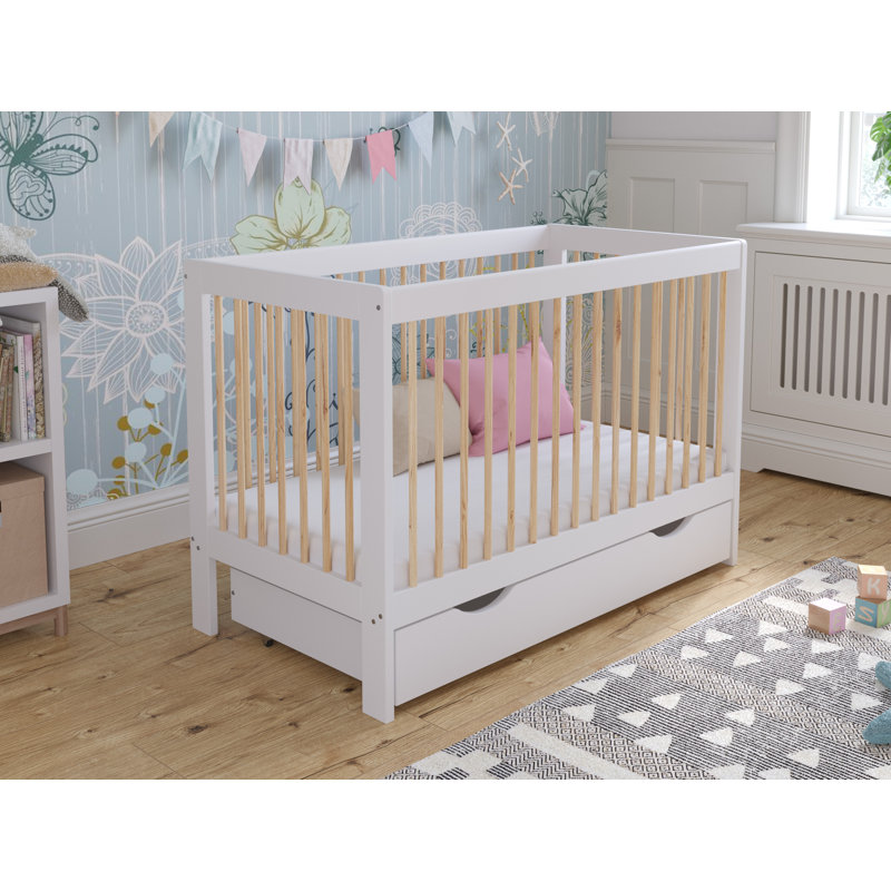 Adwolf Cot Bed with Drawer and Mattress, White/Pine