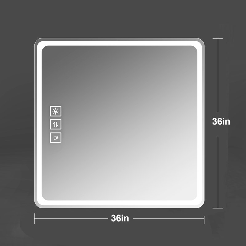Miroir de salle de bain à DEL 36 po x 36 po - fixé au mur, brouillard, à intensité variable avec 3 boutons tactiles - cuivre de 5 mm - argent, pour la grâce