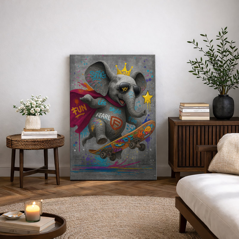 «Graffiti Elephant Skateboard Street Art», art pour chambre d'enfant, impression sur toile encadrée, Toile tendue
