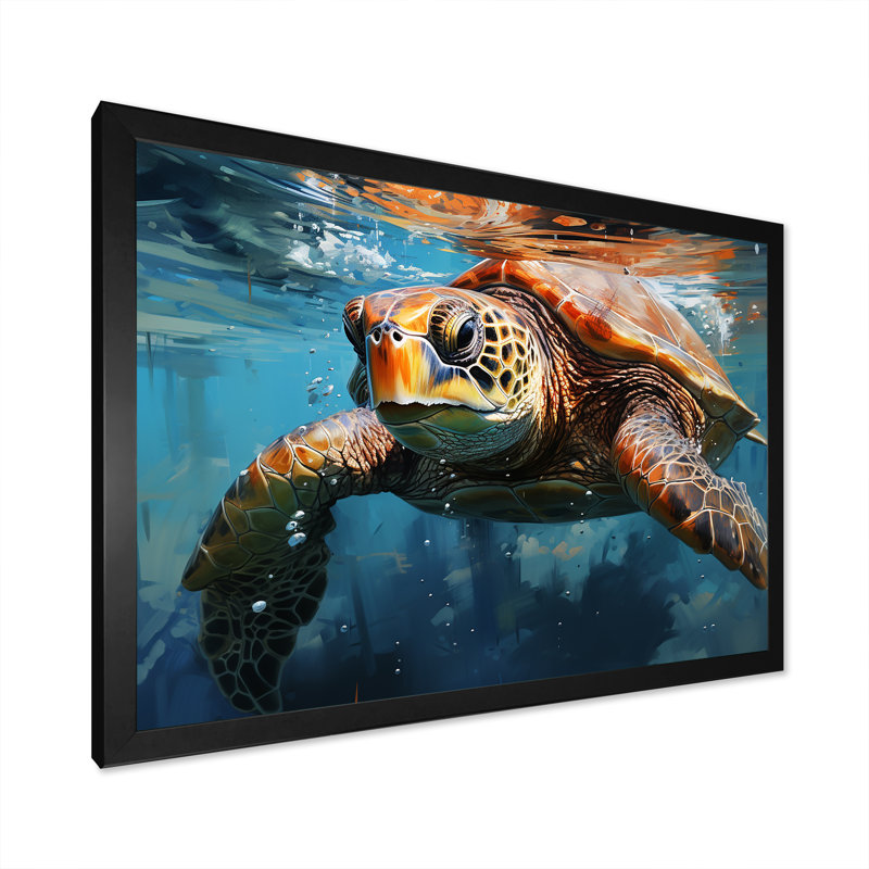 Azure Wanderer I - Tortue, art mural, salon, H 24 po x l 32 po x P 1 po, Cadre simple noir
