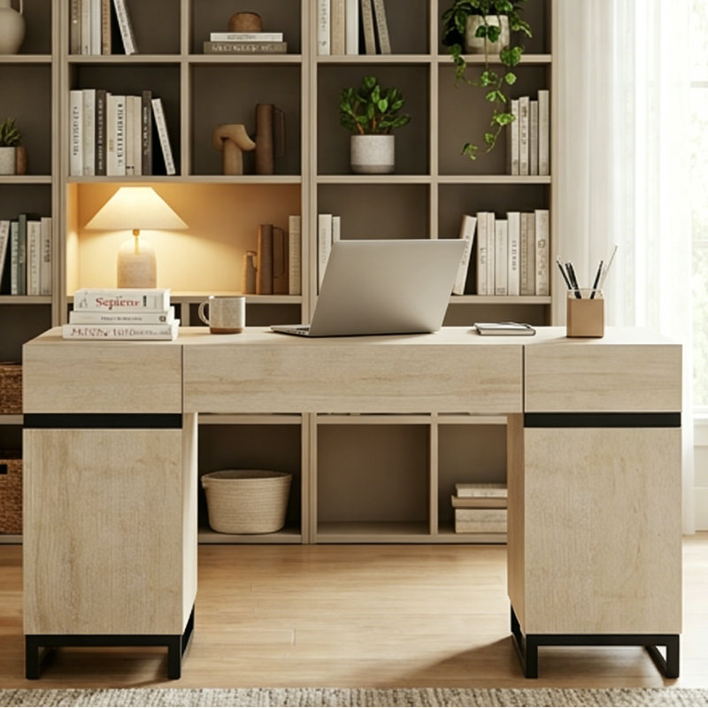  Bureau de direction moderne en bois de 59 pouces, bureau d'écriture d'ordinateur avec station de charge, tiroir classeur et armoire de rangement