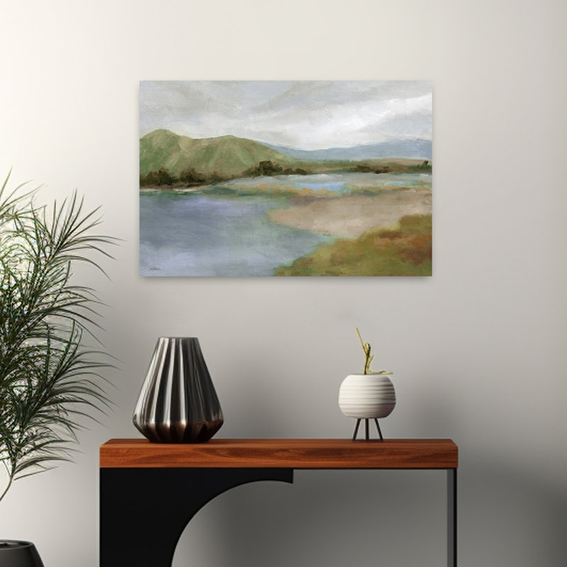 Foothills with Lake, art mural contemporain contemporain, paysage biologique, H 24 po x l 16 po