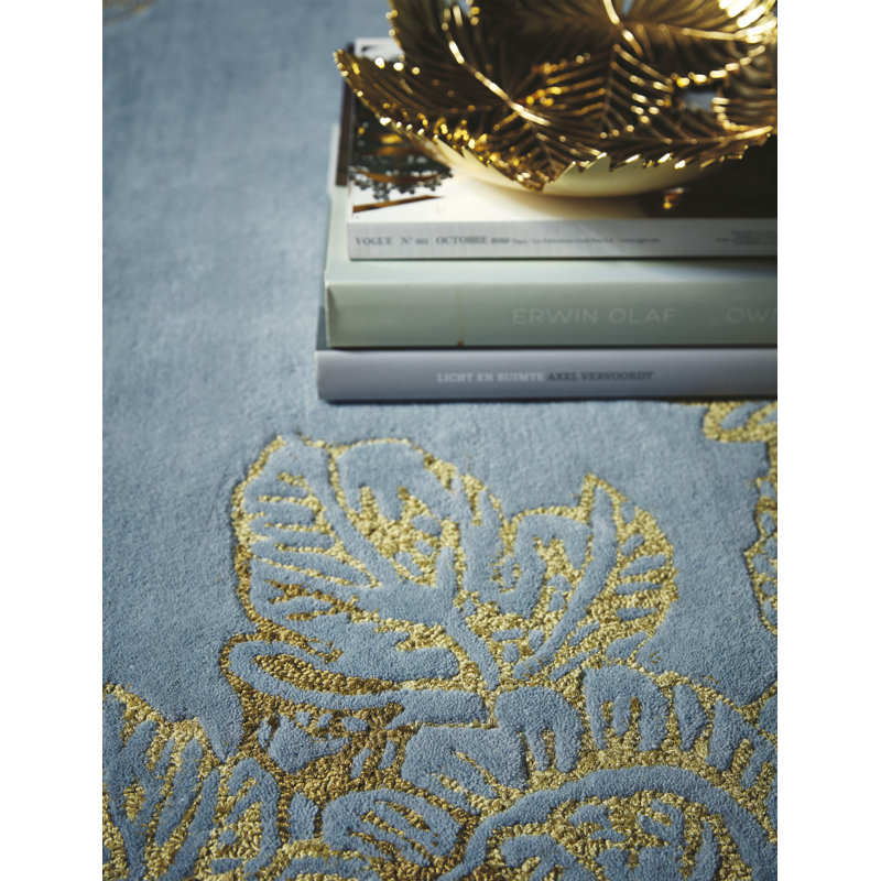Hand Tufted Floral Area Rug in Blue/Gold, Rectangle 5'7" x 7'10"