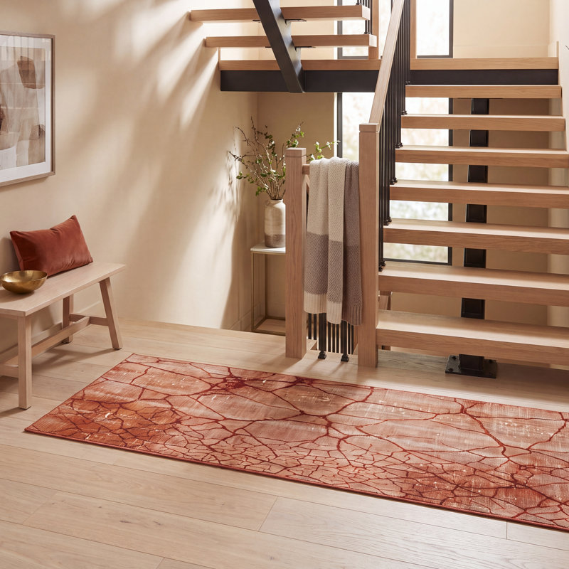 Tapis Ashcroft moderne à l'aquarelle abstraite orange, rouge et crème, lavable en machine, antidérapant, à poils courts, pour intérieur et extérieur, adapté aux animaux domestiques, idéal pour le salon, la chambre, la salle à manger, l'entrée, le corridor ou le bureau.