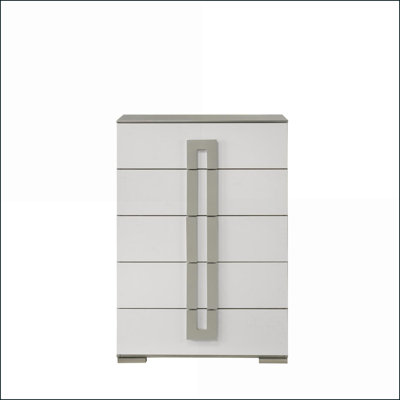 Ensemble de chambre à coucher, 5 pièces double contemporain avec tête de lit à DEL en bois blanc neige | Lits standard | Bois