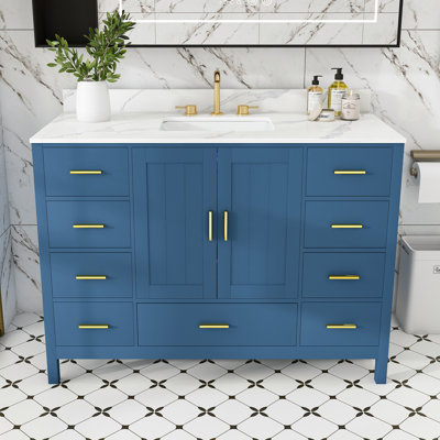 Ensemble de meuble-lavabo moderne bleu avec dessus en quartz 49 po et portes à fermeture douce