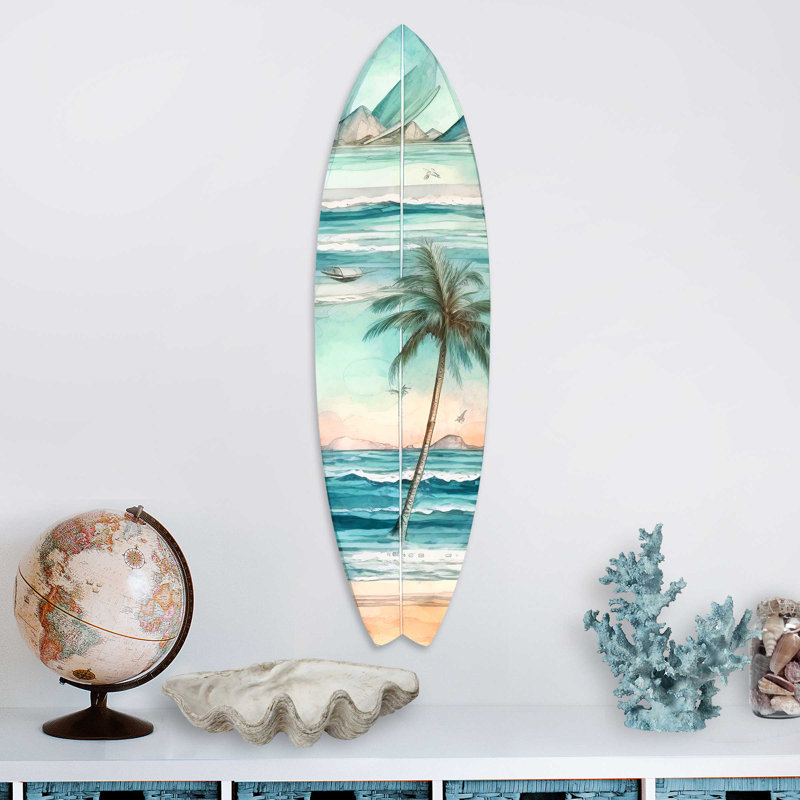 Small Tropical Palm Surfboard Coastal Wall Art in Birchwood