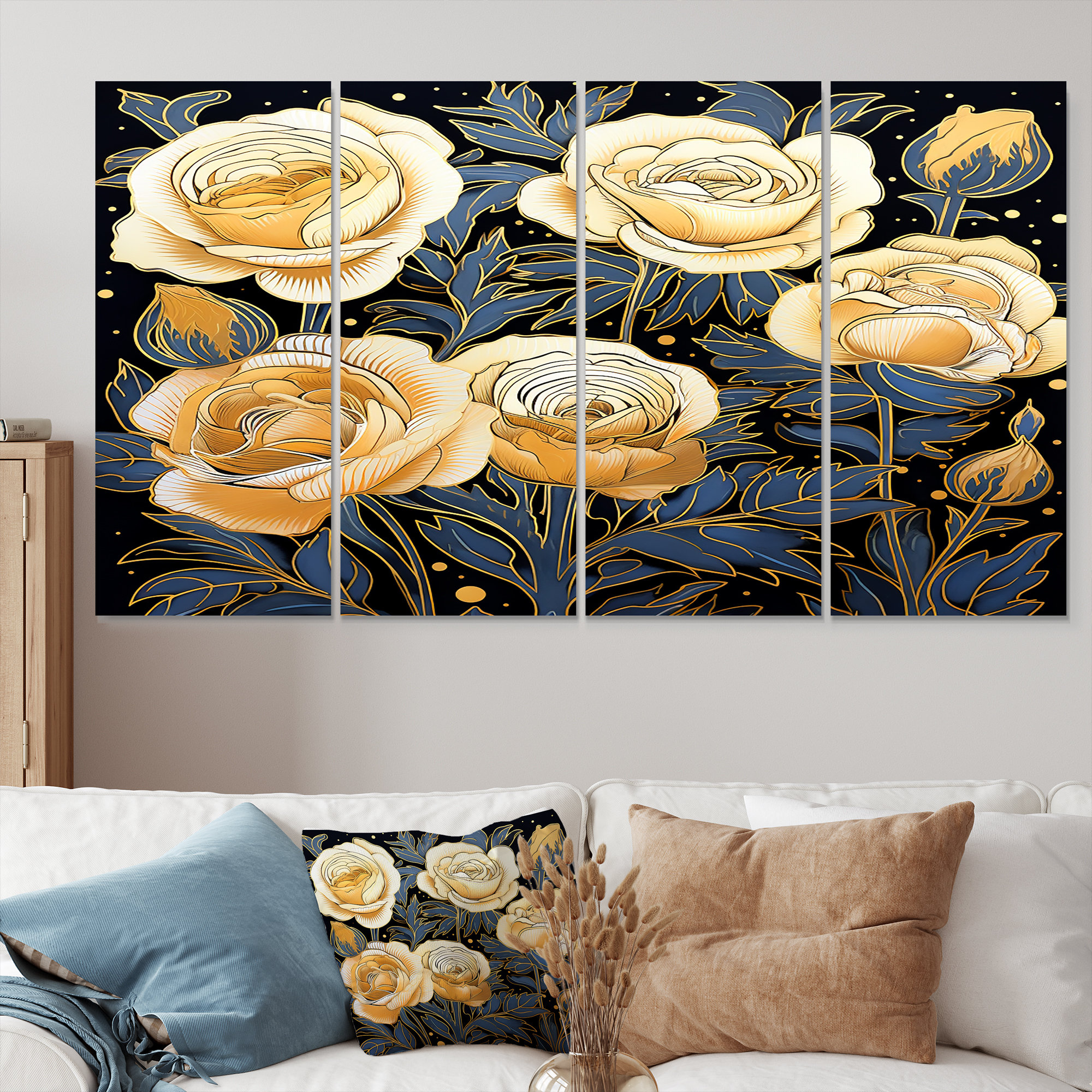 Winston Porter Yellow Roses Blue Retro Leaves - Roses Wall Art Set 4 ...