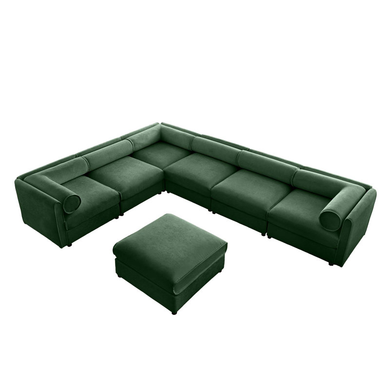 Canapé moderne modulaire 7 pièces avec accoudoirs de rangement 6 sièges et 1 repose-pieds de rangement, Chenille verte