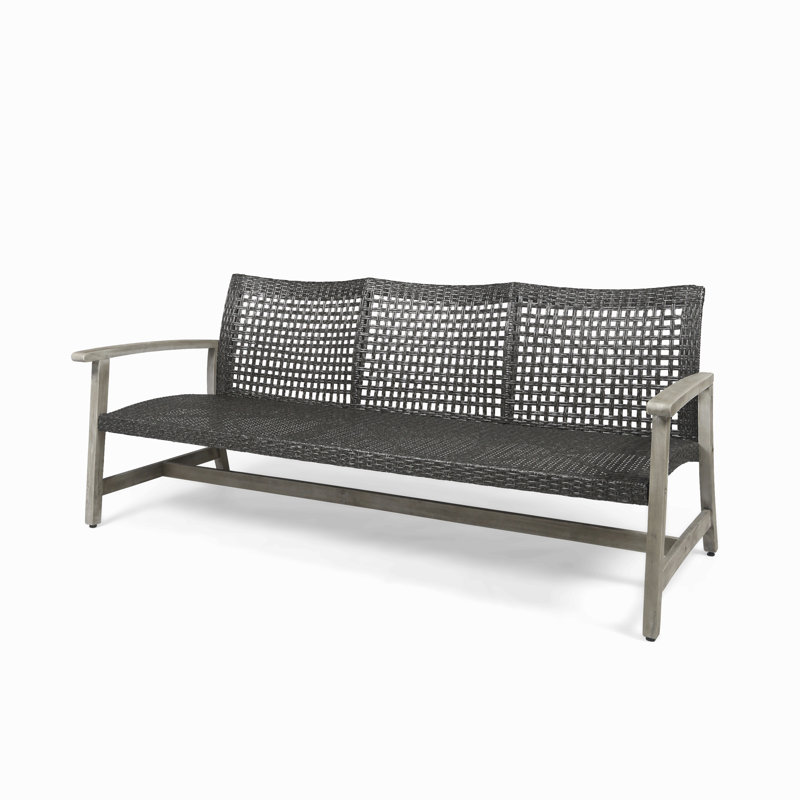 Outdoor Acacia Wood Wicker 3 Seater Sofa, Patio Furniture Conversation Set For Backyard, Gray