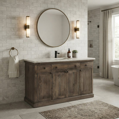 Meuble-lavabo simple 60 po à quatre portes avec plateau en marbre blanc et finition bois naturel 60 po