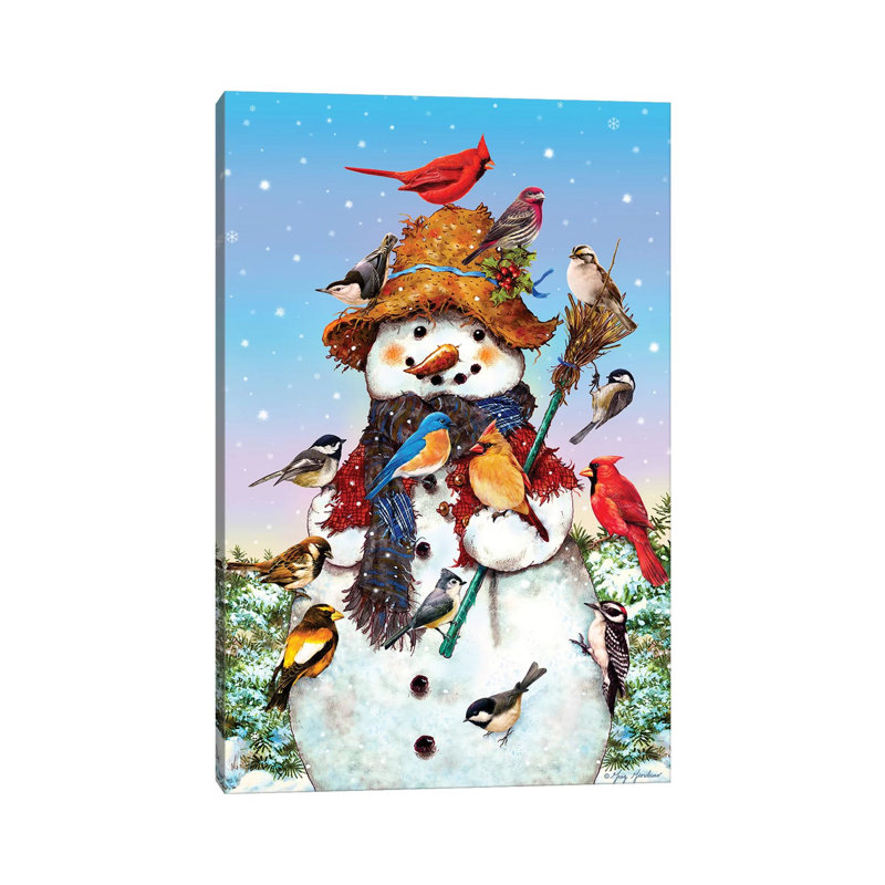 Birds And Snowman - Wrapped Canvas Print, 20.32 cm H x 30.48 cm W