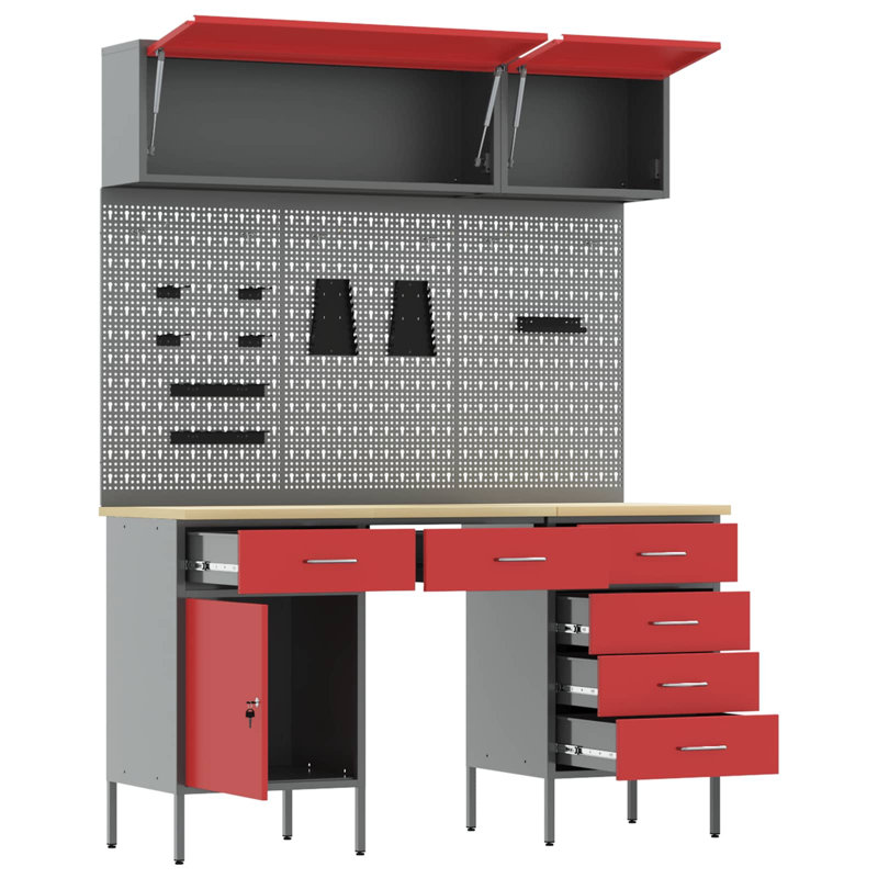  Work Cabinet With Drawer 8 Pcs Red Engineered Wood And Steel
