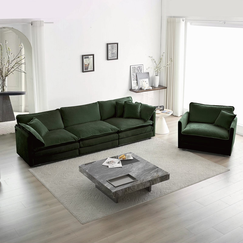 Ensemble de canapé modulaire 2 pièces, ensemble de canapés modulaires de salon, canapé à assise profonde pour salon, 1 + 3 places en chenille verte