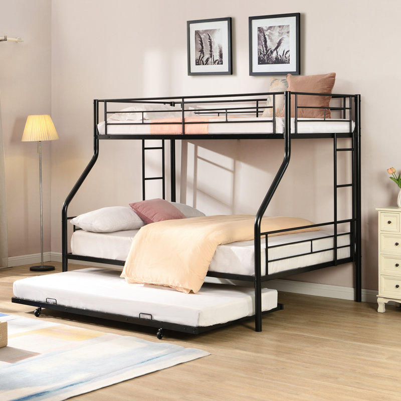 Lit superposé simple au-dessus d'un lit double en métal avec lit gigogne - Aucun sommier nécessaire, Style moderne, Espace, Facile à assembler, Économie d'espace, À assembler,