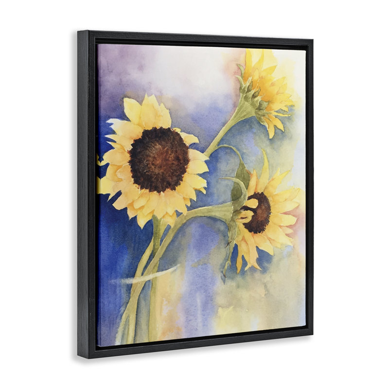 Trio de tournesols dans un vase, cadre par Stephanie Fielden, H 21 po x l 17 po, Cadre flottant noir de jais